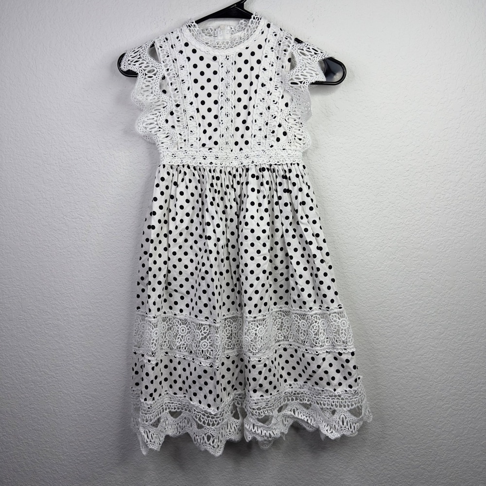 Trish Scully Dress 7 White Black Polka Dot Lace Classic Garden‎ Party Whimsical